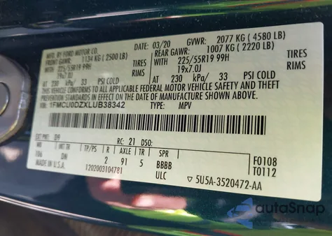 2020 Ford Escape Titanium Hybrid z USA, uszkodzony, nr VIN 1FMCU0DZXLUB38342